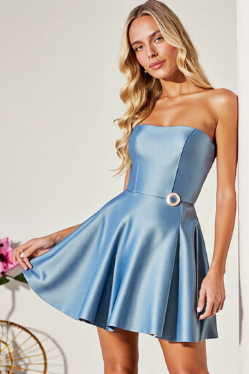 Blue Strapless Satin A Line Homecoming Dress With One Button